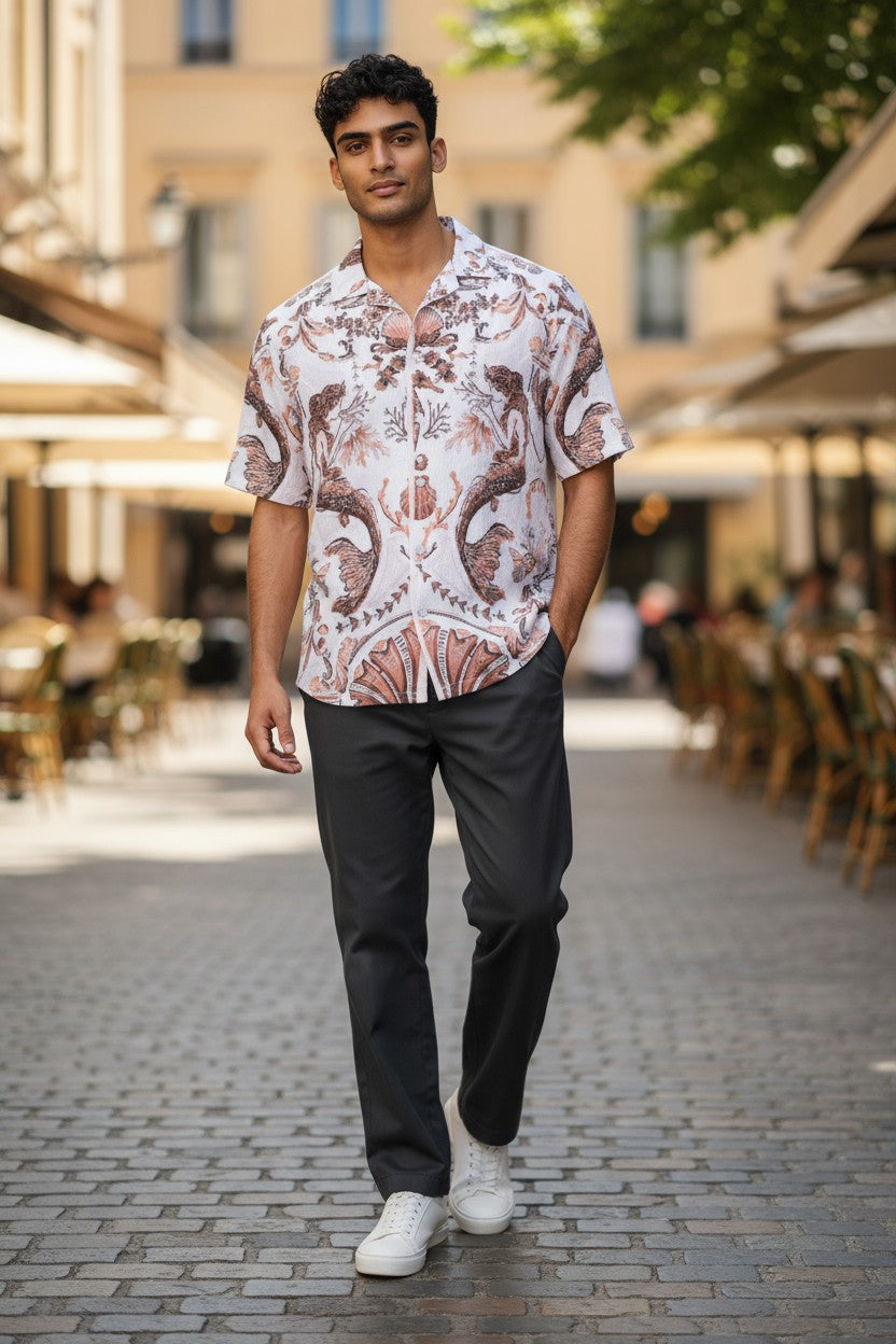 Oversized Popcorn Shirt – Brown Fairy Print | 100% Pure Cotton, Textured, Breathable Comfort