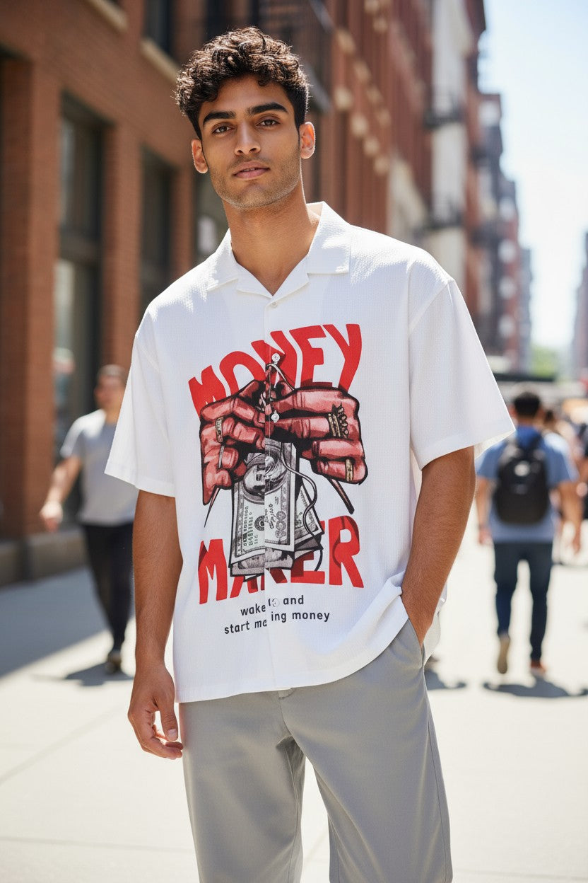 Oversized Popcorn Shirt – Red Money Print | 100% Pure Cotton, Textured, Breathable Comfort