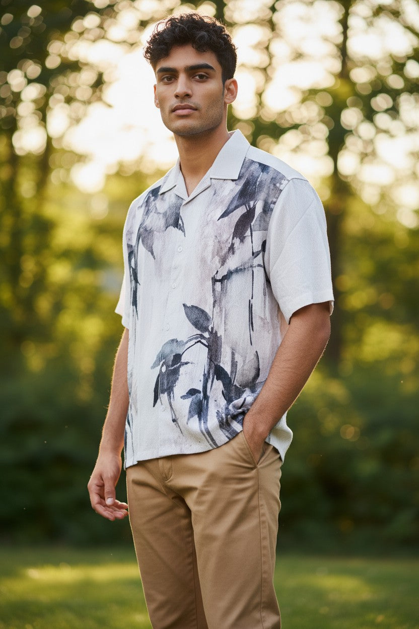 Oversized Popcorn Shirt – Dark Green Leaves Print | 100% Pure Cotton, Textured, Breathable Comfort