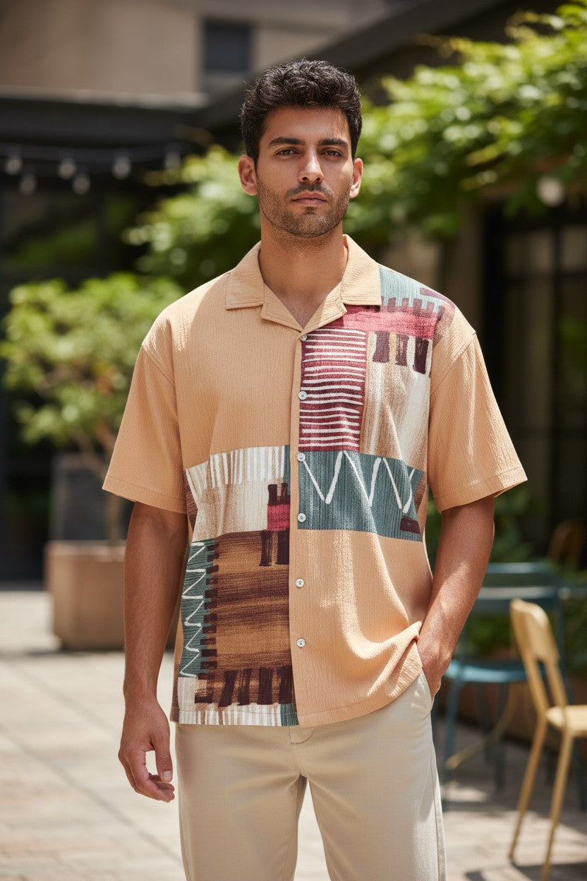 Oversized Popcorn Shirt – Orange Abstract Print | 100% Pure Cotton, Textured, Breathable Comfort