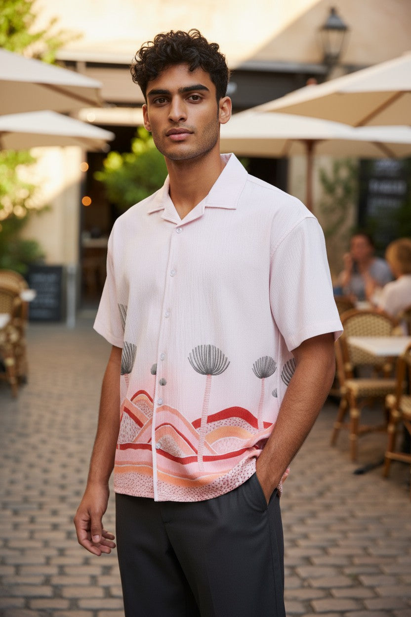 Oversized Popcorn Shirt – White Lotus Print | 100% Pure Cotton, Textured, Breathable Comfort