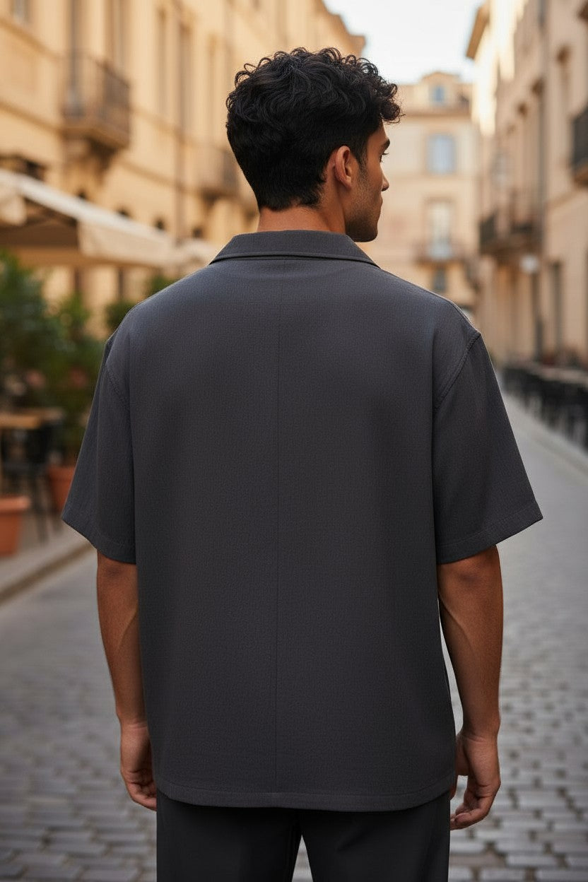 Oversized Popcorn Shirt – Black Stardust Print | 100% Pure Cotton, Textured, Breathable Comfort