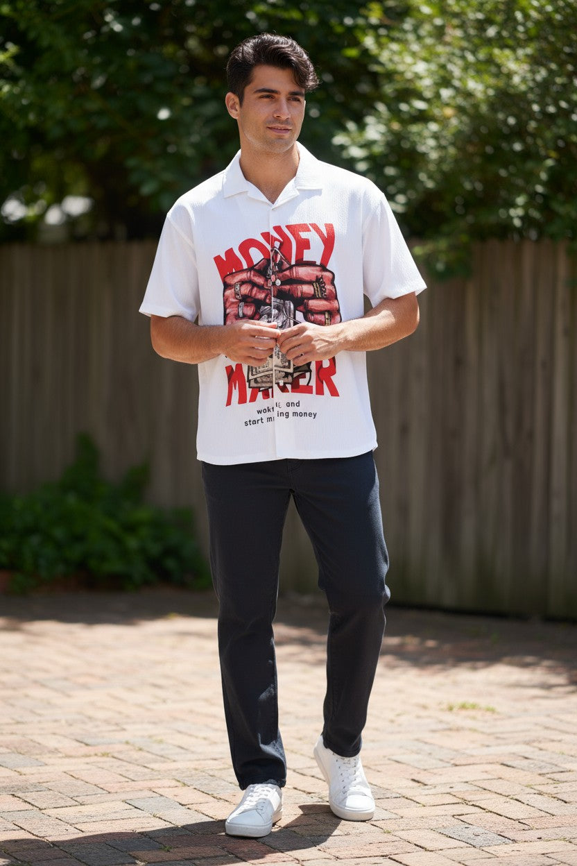 Oversized Popcorn Shirt – Red Money Print | 100% Pure Cotton, Textured, Breathable Comfort