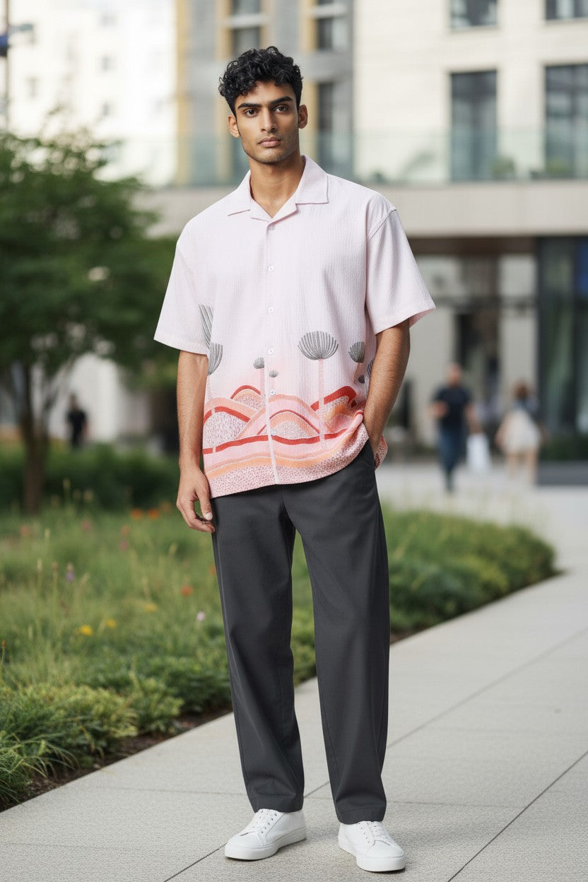 Oversized Popcorn Shirt – White Lotus Print | 100% Pure Cotton, Textured, Breathable Comfort