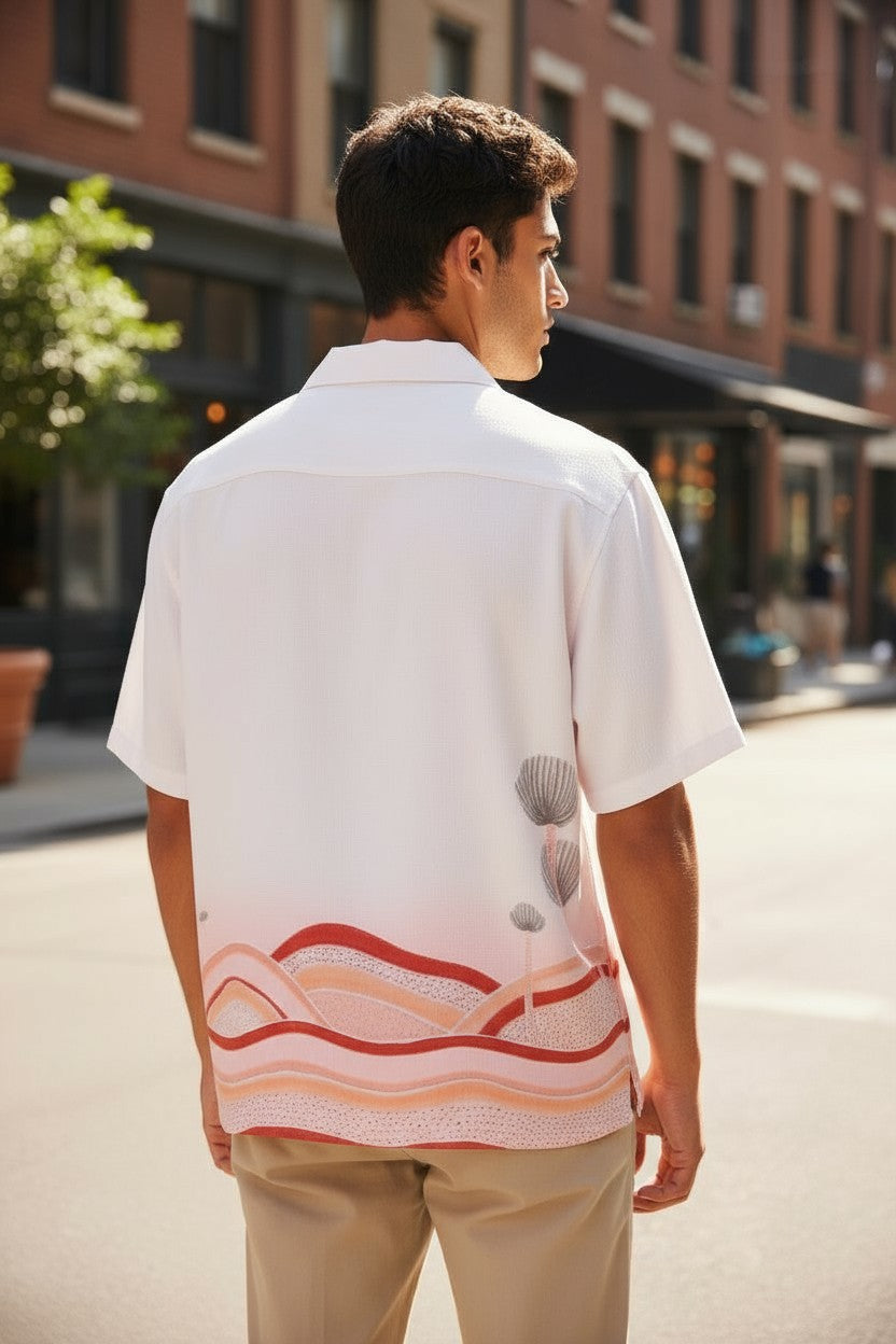 Oversized Popcorn Shirt – White Lotus Print | 100% Pure Cotton, Textured, Breathable Comfort