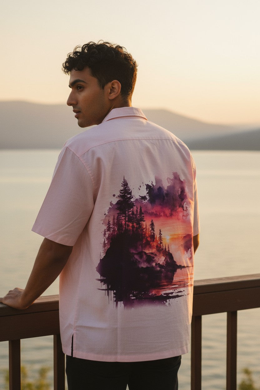 Oversized Popcorn Shirt – White Sunset Print | 100% Pure Cotton, Textured, Breathable Comfort