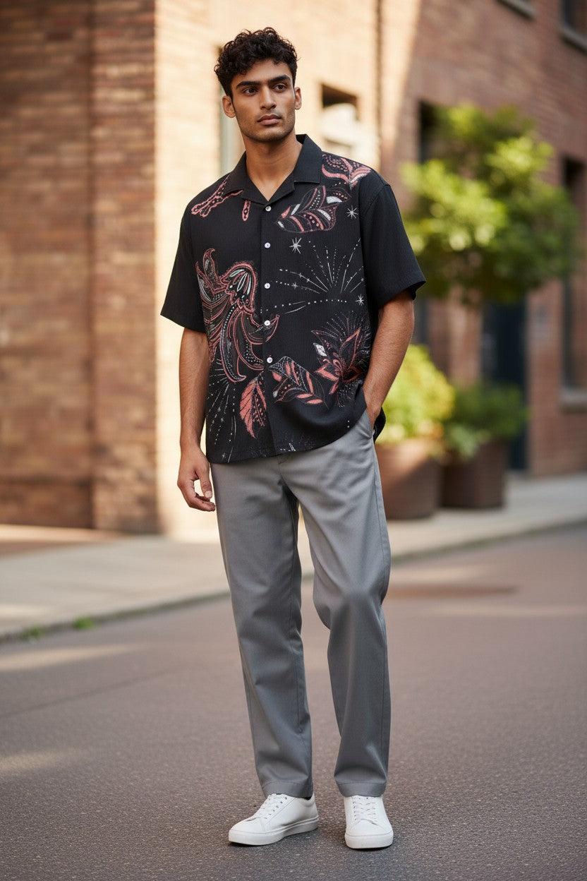 Oversized Popcorn Shirt – Black Stardust Print | 100% Pure Cotton, Textured, Breathable Comfort